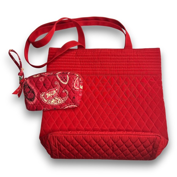 Vera Bradley Red Quilted Tote Bag Polka Dot Lining Toggle Closure w Wristlet Set - Picture 3 of 9